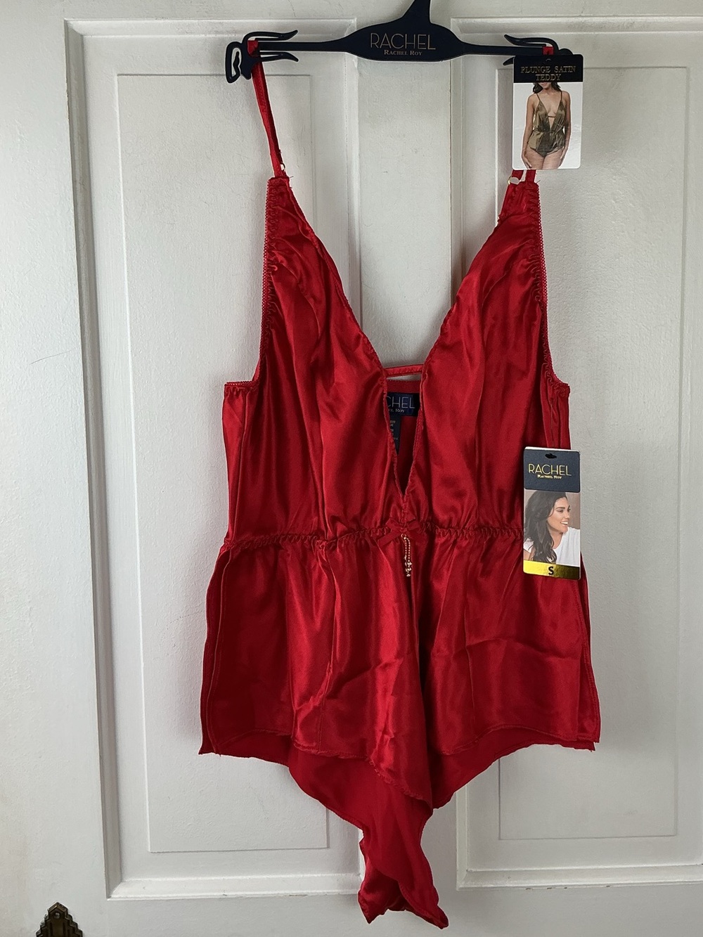 Rachel Roy Women’s Red Satin Plunge Teddy Romper Size M Sleepwear NWT